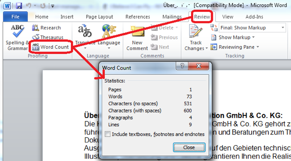 How to count characters in Microsoft Word 2007 - 2010