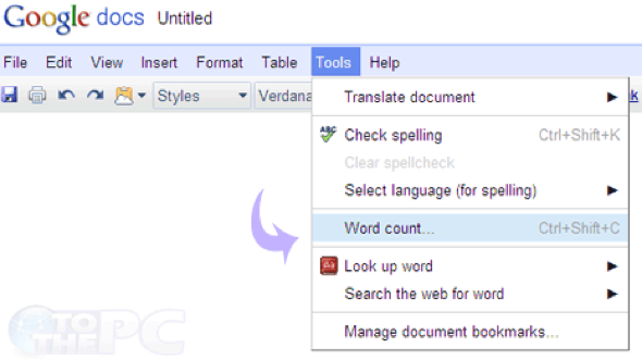 Image showing where to find character counter in Google Docs - cloud software