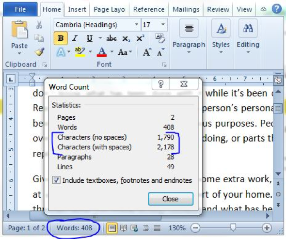 How to count letters in Microsoft Word 2007 - 2010 - second option