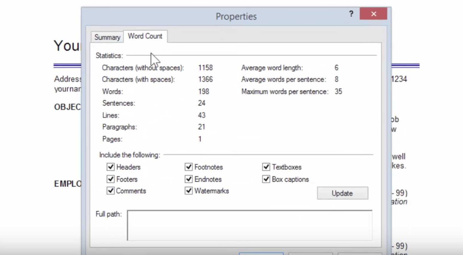 Image showing how to count character in software WordPerfect
